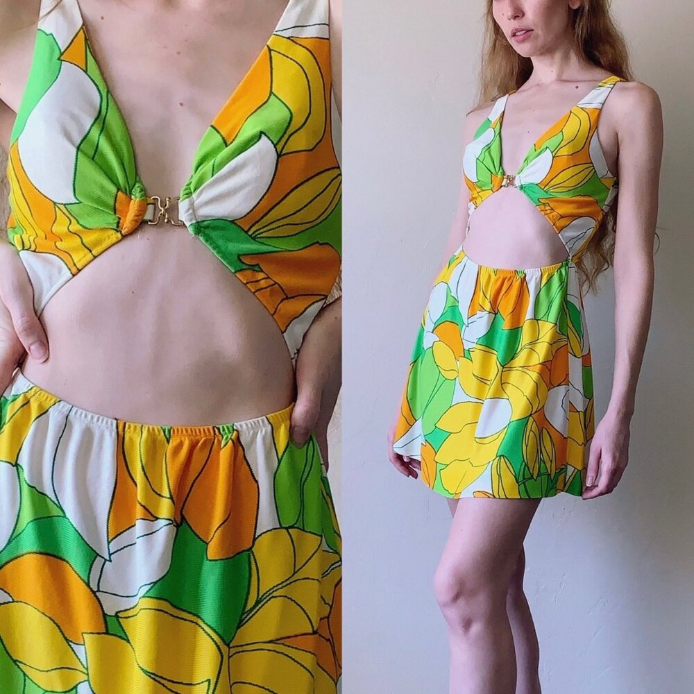 Vintage 1960s Psychedelic Mini Dress - Rare Bojangles Cut Out Style XS